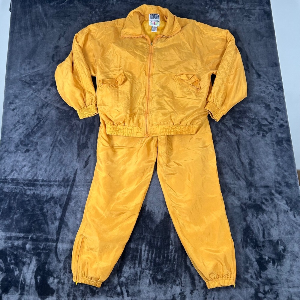Details Express Tracksuit Women S Yellow 100% Silk Vintage 2 Piece Jacket Pants